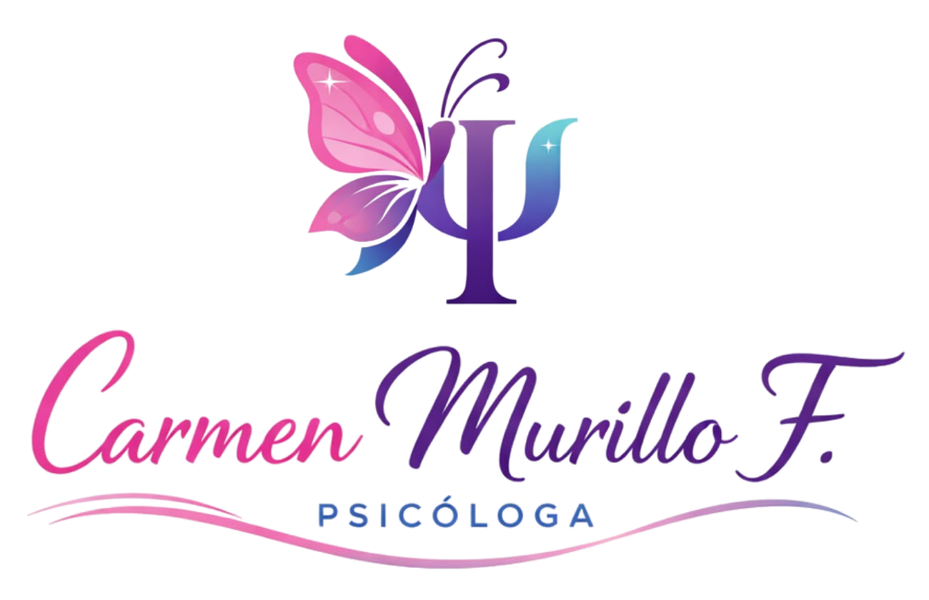 Logotipo de Carmen Murillo F. Psicóloga, con mariposa rosa y símbolo psi violeta y azul
